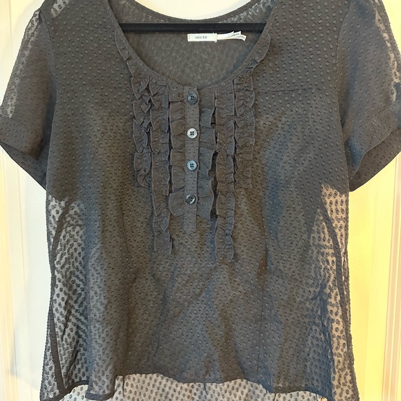 Kimchi Blue Black Sheer Swiss Dot Ruffle Bib Button Down Short Sleeve To… - Picture 7 of 9